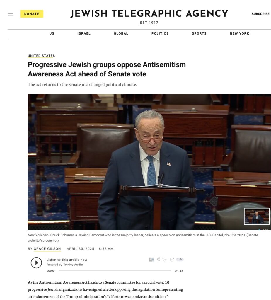 JTA: Progressive Jewish groups Oppose Antisemitism Awareness Act Ahead of Senate Vote